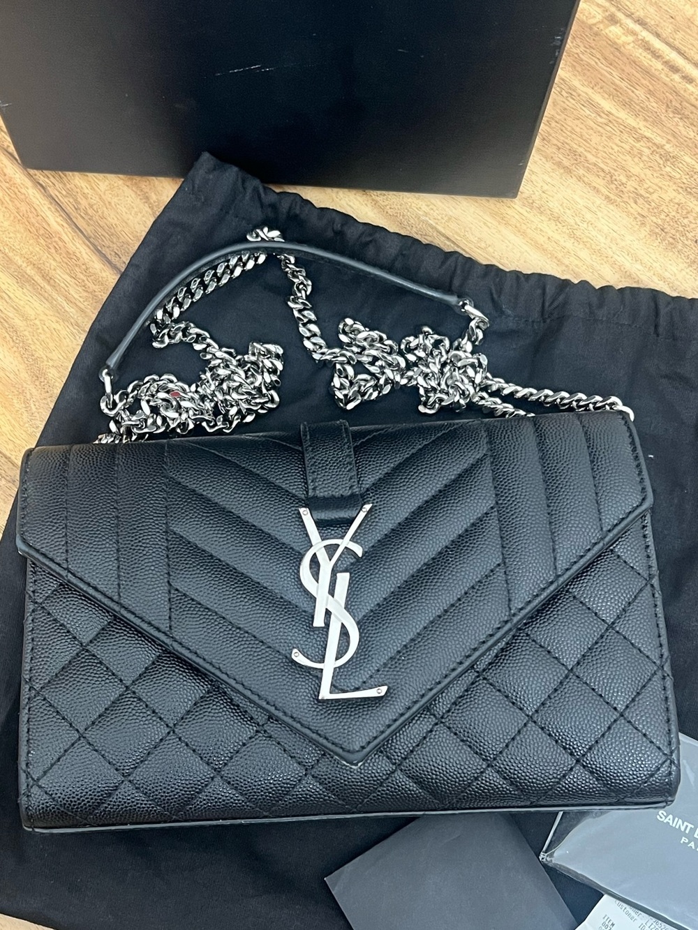Saint Laurent Black Quilted Leather Chain Shoulder Bag with Silver YSL Logo